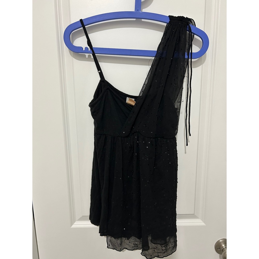 Free People Black‎ Sequin One Shoulder Babydoll Top S P